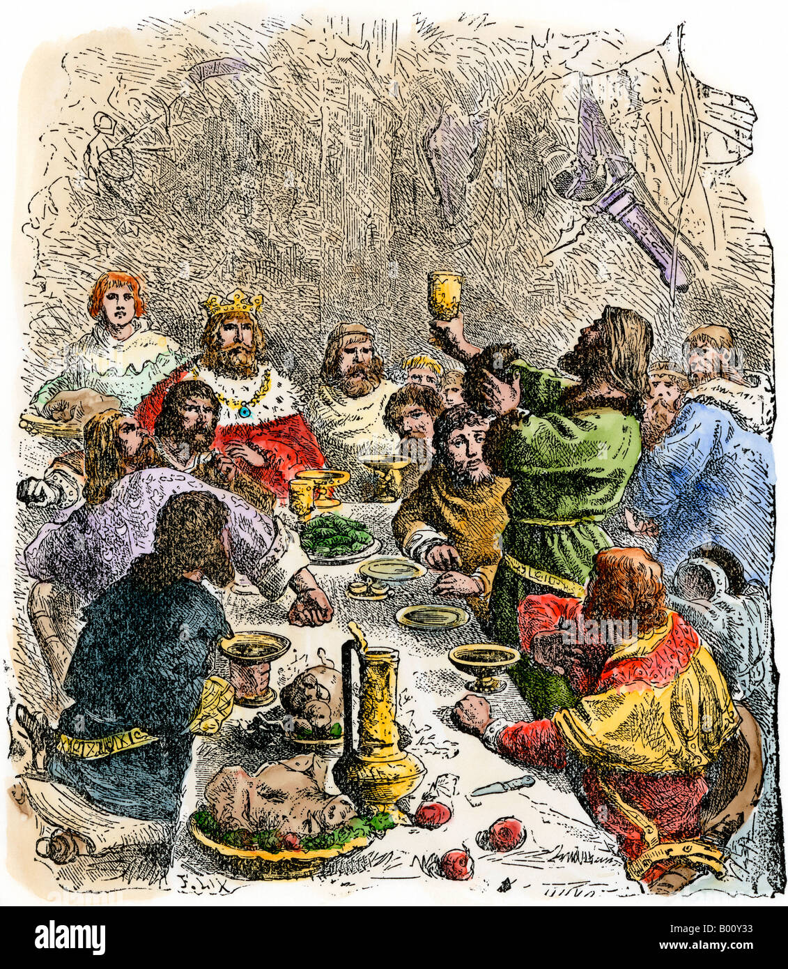 Banquet in ancient Ireland. Hand-colored woodcut Stock Photo