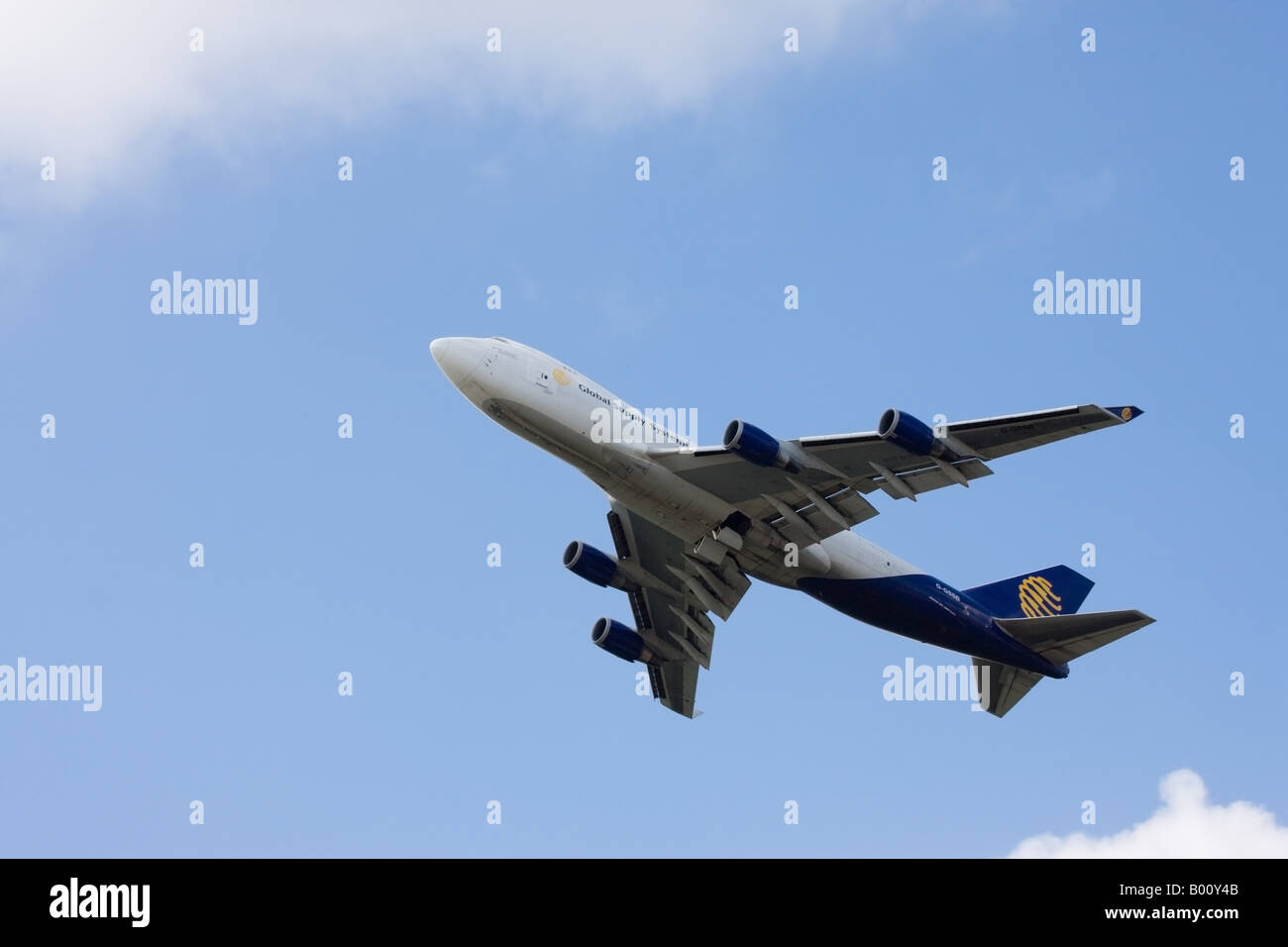 Boeing 747-47UF Freighter G-GSSB of Global Supply Systems Ltd  in flight after take-off from Robin Hood International Airport Stock Photo