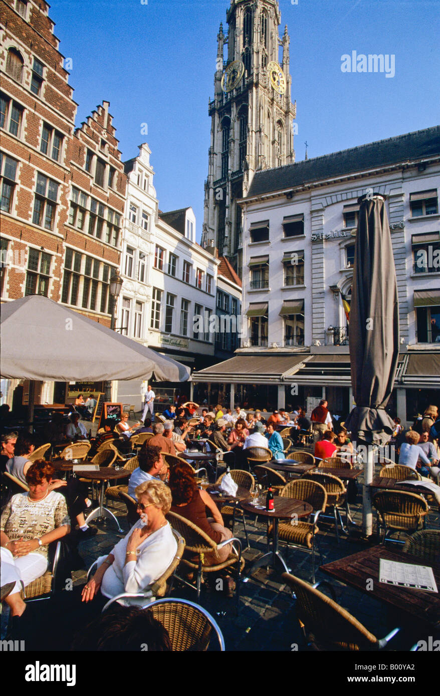 outdoor restaurants on the Groote Markt in Antwerp cathedral in background Stock Photo