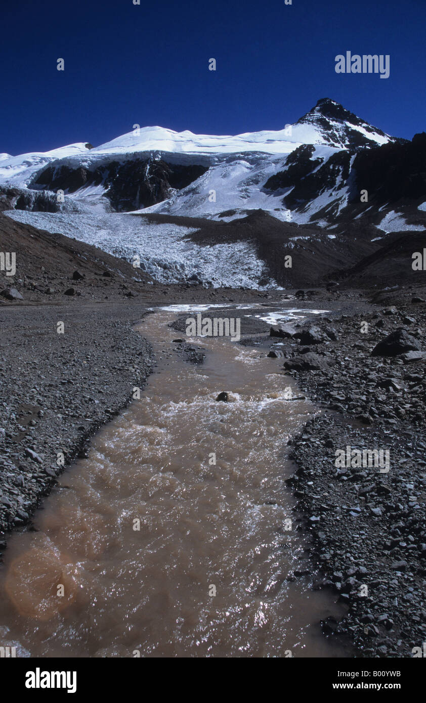 River Horcones, Upper Horcones Glacier and Cerro Cuerno, near Plaza de Mulas base camp, Aconcagua Provincial Park, Argentina Stock Photo