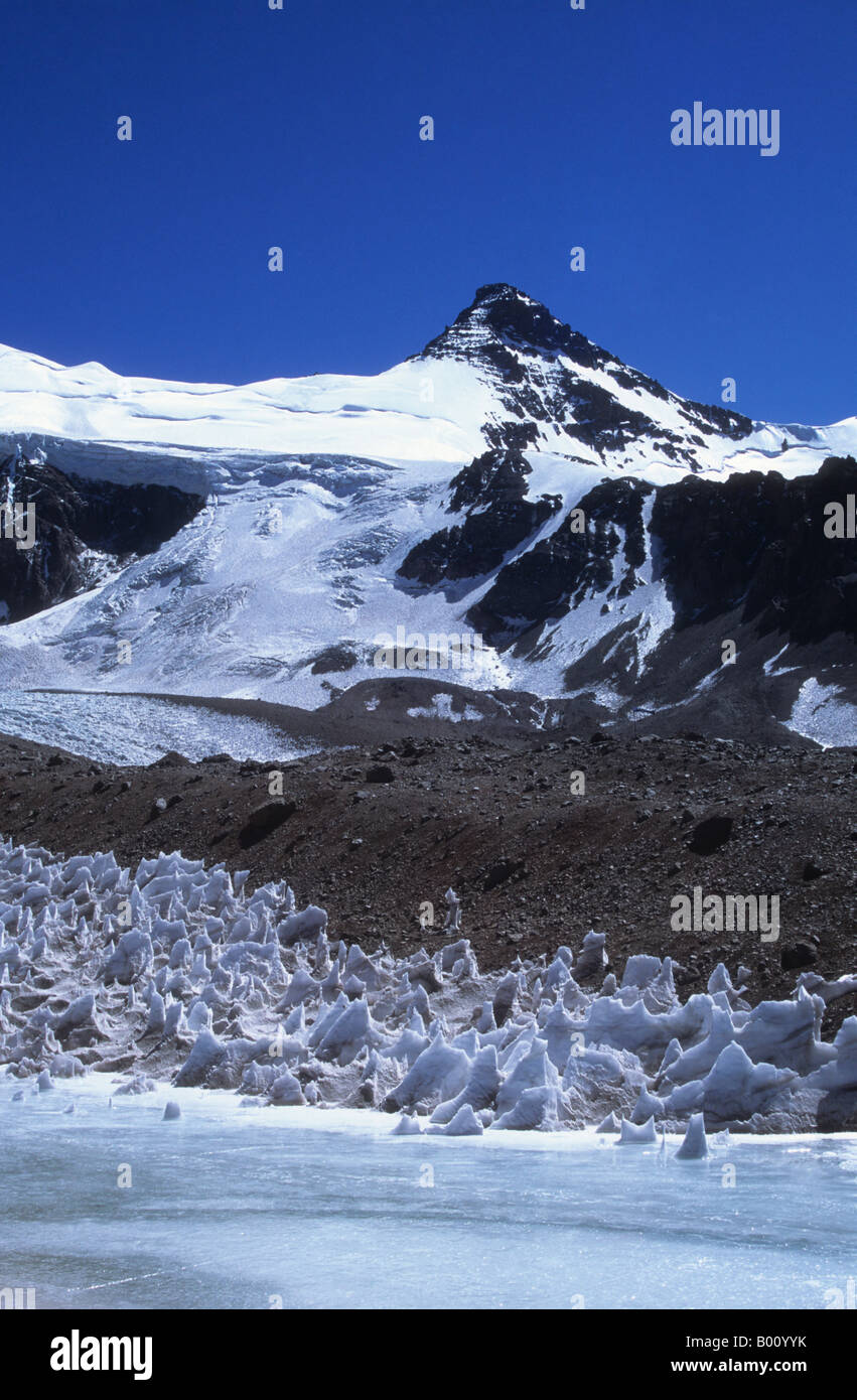 Mt Cuerno, frozen lake and Upper Horcones Glacier, near Plaza de Mulas base camp, Aconcagua Provincial Park, Argentina Stock Photo