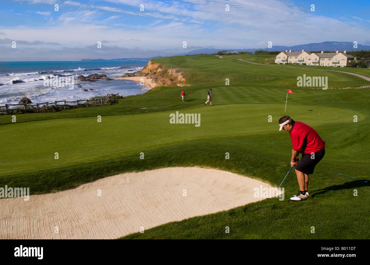 Men friends golfing at 18th green of the famous Old Course at Half Moon