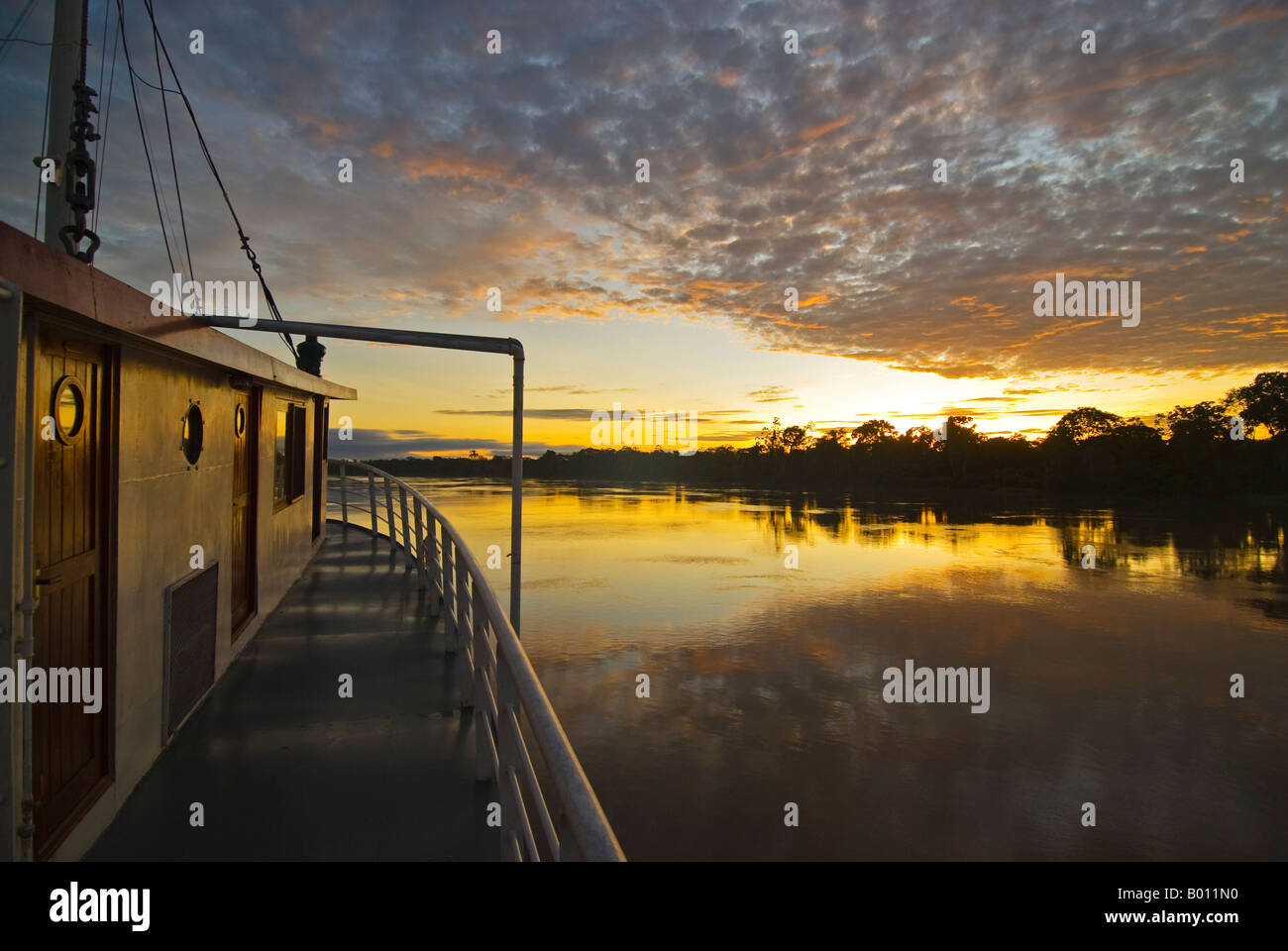 Peru, Amazon River. Sunrise on the Ayapua Riverboat, Yavari River, a