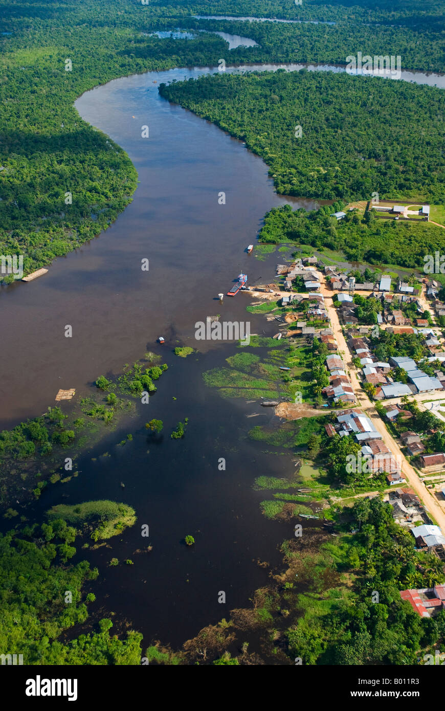 Peru, Amazon, Amazon River, Iquitos. Aerial view of the port, harbour and settlements of Iquitos, the principle city. Stock Photo