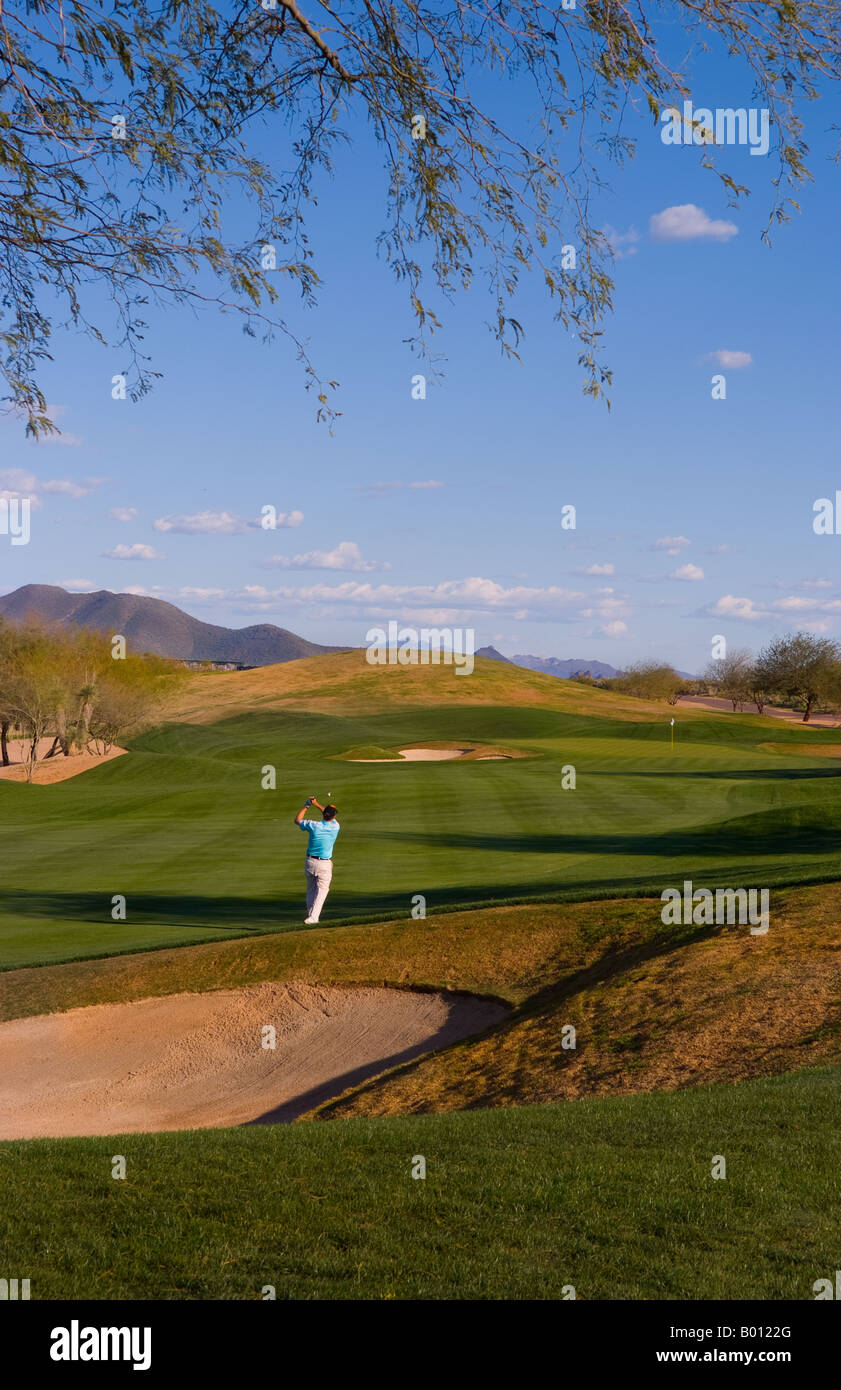 Golfer playing the 14th hole on the Tournament Players Club golf course in  tourist area of Scottsdale Phoenix Arizona USA Stock Photo - Alamy