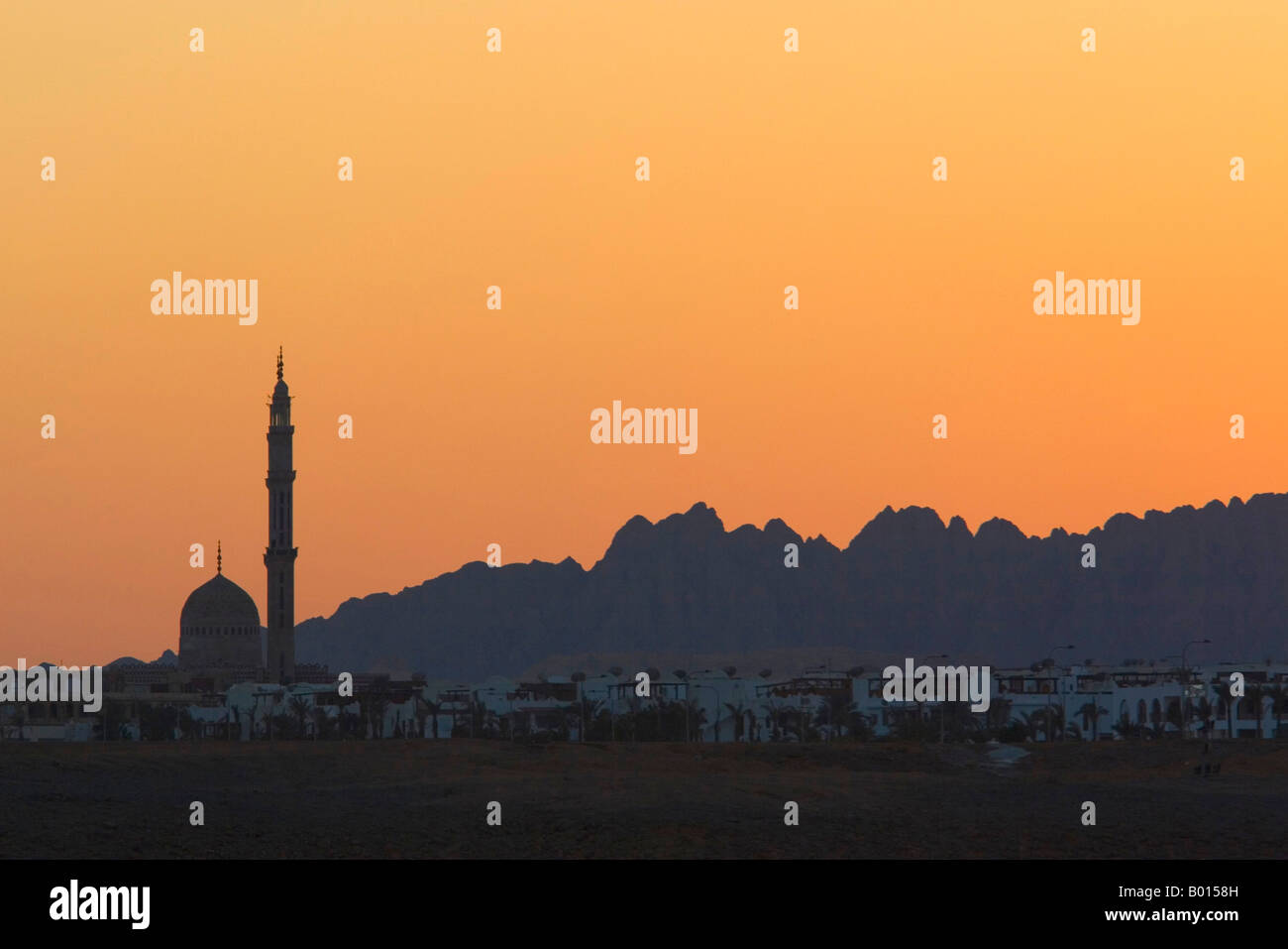 Silhouette of Hay El Nour Mosque Sharm Le Sheikh Sinai Egypt at sunset Stock Photo