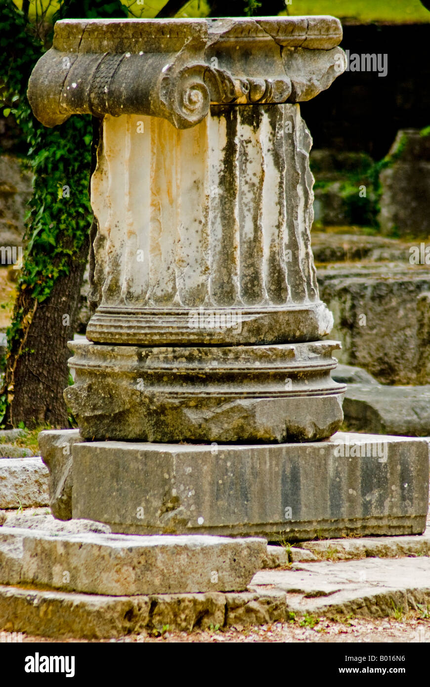 Ionic Capital Column at Olympia, Greece - home of the first, original Olympics Stock Photo