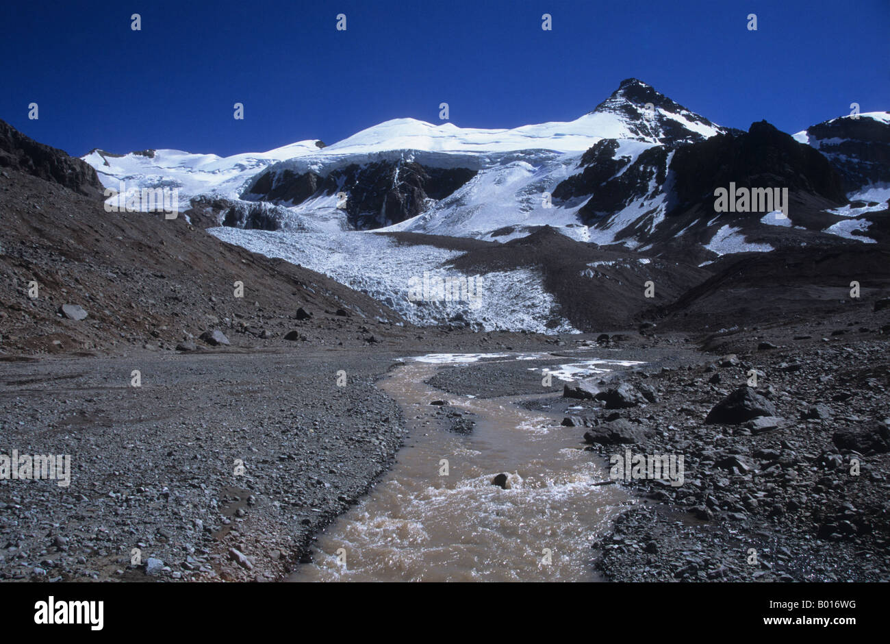 River Horcones, Upper Horcones Glacier and Cerro Cuerno, near Plaza de Mulas base camp, Aconcagua Provincial Park, Argentina Stock Photo