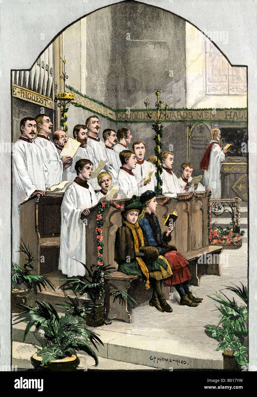 Choir singing a Christmas hymn in an Anglican church 1880s. Hand-colored woodcut Stock Photo