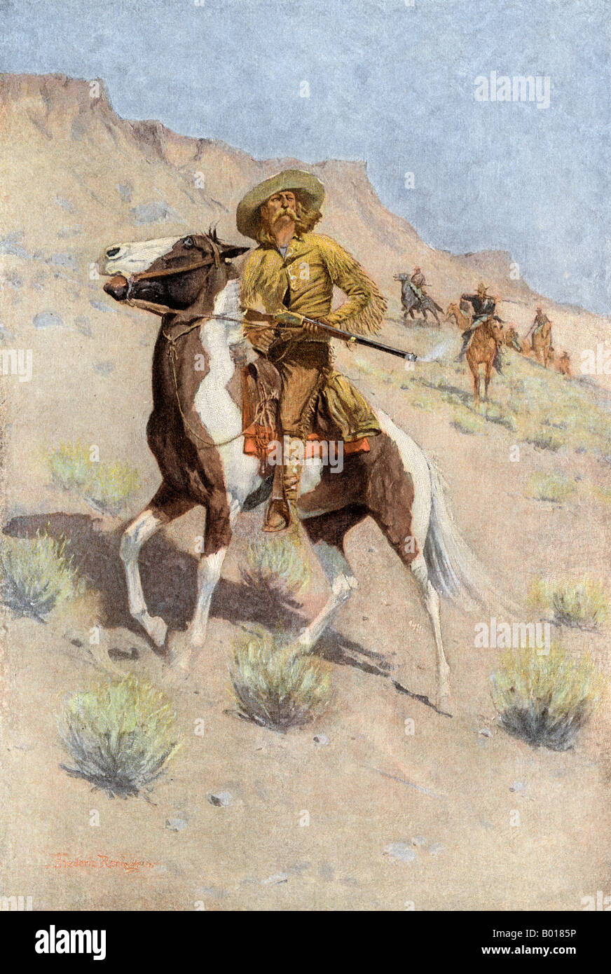 The scout a frontiersman employed by US Army in the opening of the west. Color halftone of a Frederic Remington illustration Stock Photo