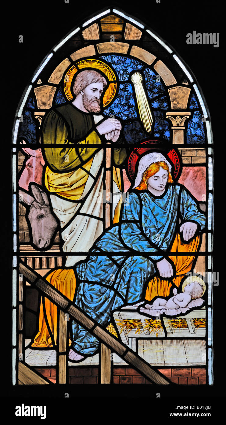 The Nativity . detail of East window . Holy Trinity Church , Winster . Lake District National Park , Cumbria , England. Stock Photo