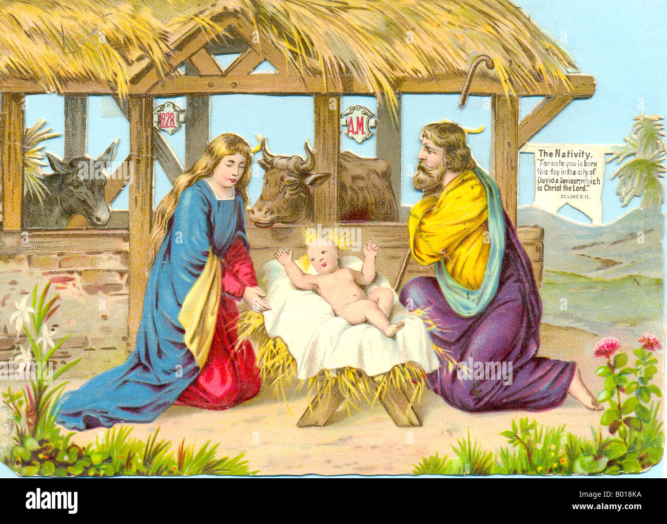 Chromolithographed cut scrap of The Nativity circa 1885 Stock Image