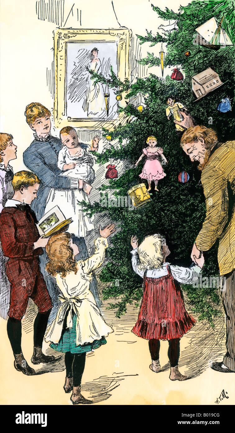 Family admiring their Christmas tree adorned with gifts 1800s. Hand-colored woodcut Stock Photo