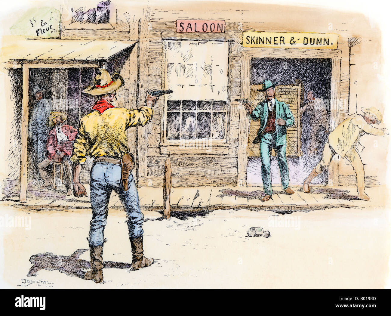 Gunfight in the street of a western town. Hand-colored woodcut of a Frederic Remington illustration Stock Photo