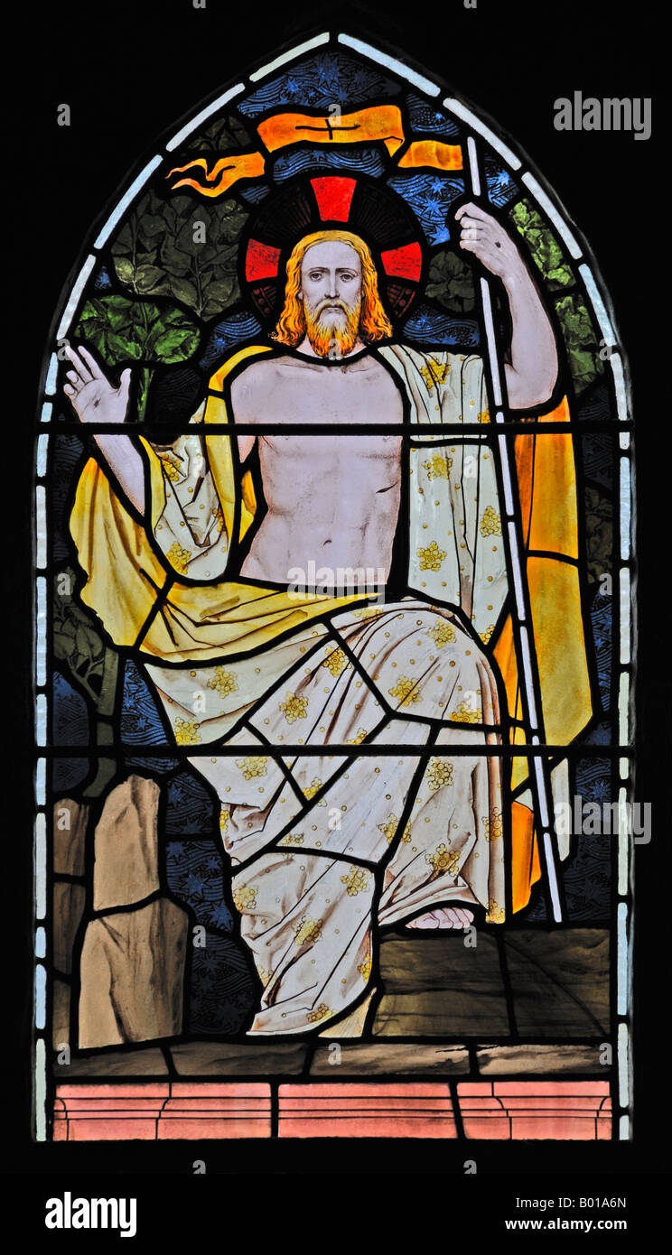 The Risen Christ . detail of East window . Holy Trinity Church , Winster . Lake District National Park , Cumbria , England. Stock Photo