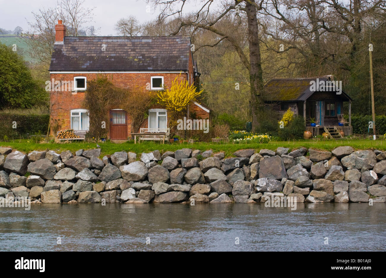 River Wye at The Warren in Hay on Wye Powys Wales UK EU with house on