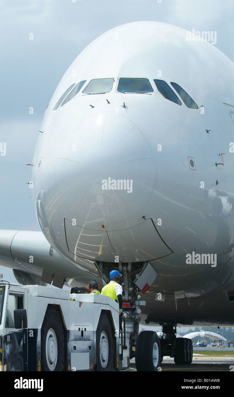 Close up of Airbus A380 being prepared for towing Stock Photo