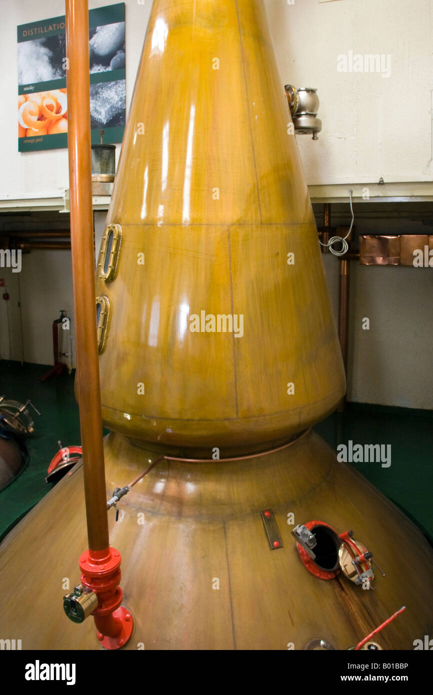 Oban Distillery traditional  Scottish whiskey or whisky potstills with long conical coloumn, Scotland UK Stock Photo
