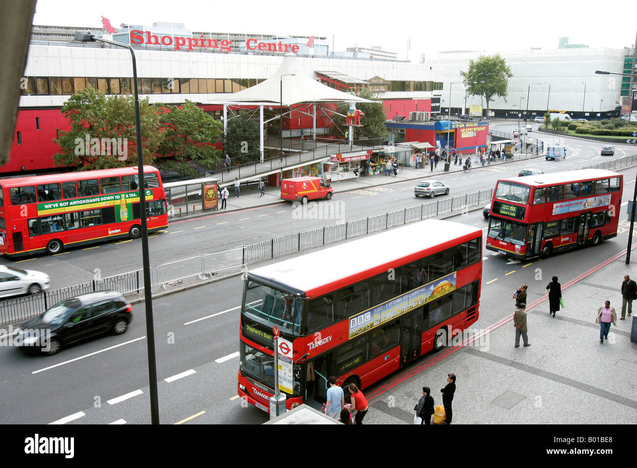 Buses queue at bus stops outside the main entrance to the Elephant and