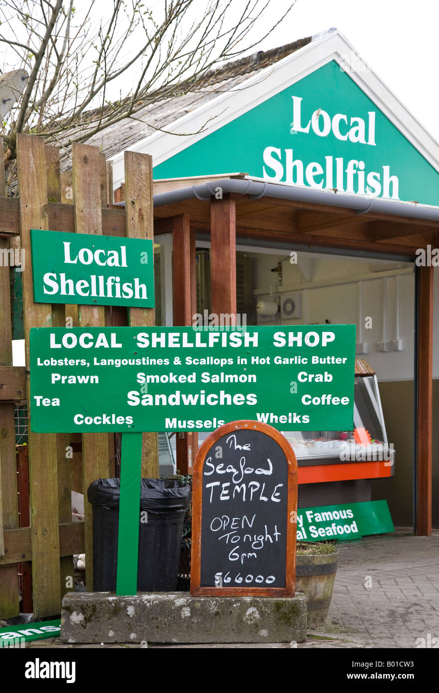 Wooden hut with local shellfish for sale at green Fish shop seafood