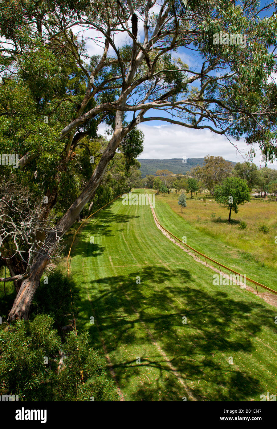 A few of the back straight of a country horse racing track in Victoria Australia. Stock Photo