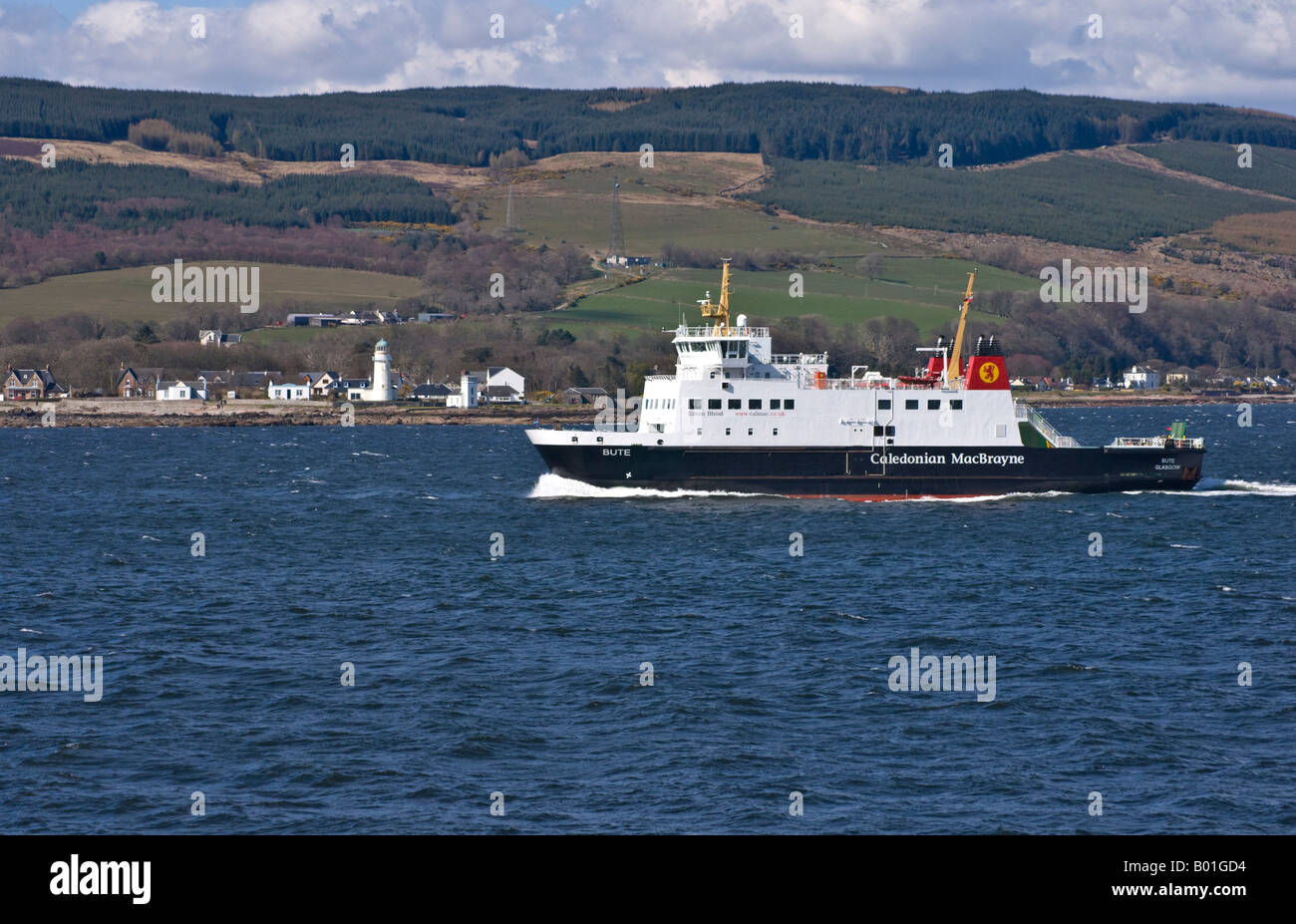 Caledonian MacBrayne new car ferry MV Bute passing Toward Point en route from Wemyss Bay to Rothesay on island Bute in Scotland Stock Photo