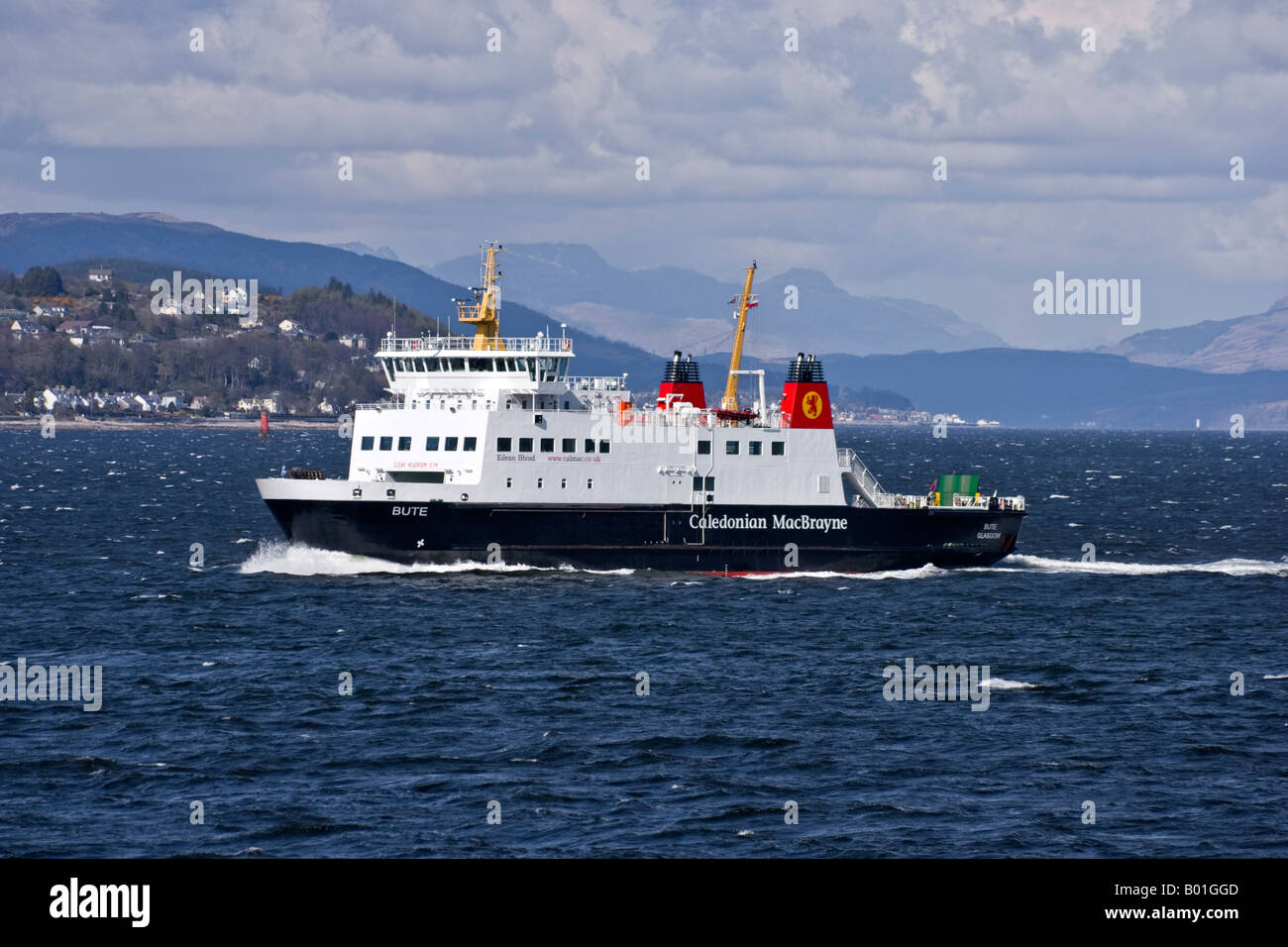 Caledonian MacBrayne new car ferry MV Bute nearing Toward Point en route from Wemyss Bay to Rothesay on island Bute in Scotland Stock Photo