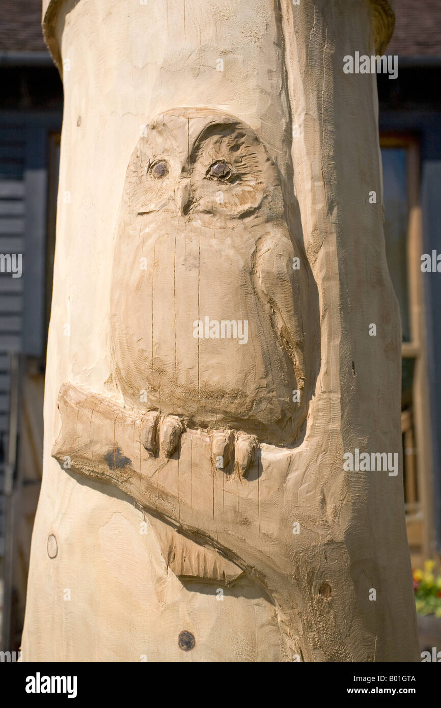 Wooden carving of an Owl on a totem pole at RSPB Nature Reserve, Pulborough Brooks, West Sussex, England, UK Stock Photo