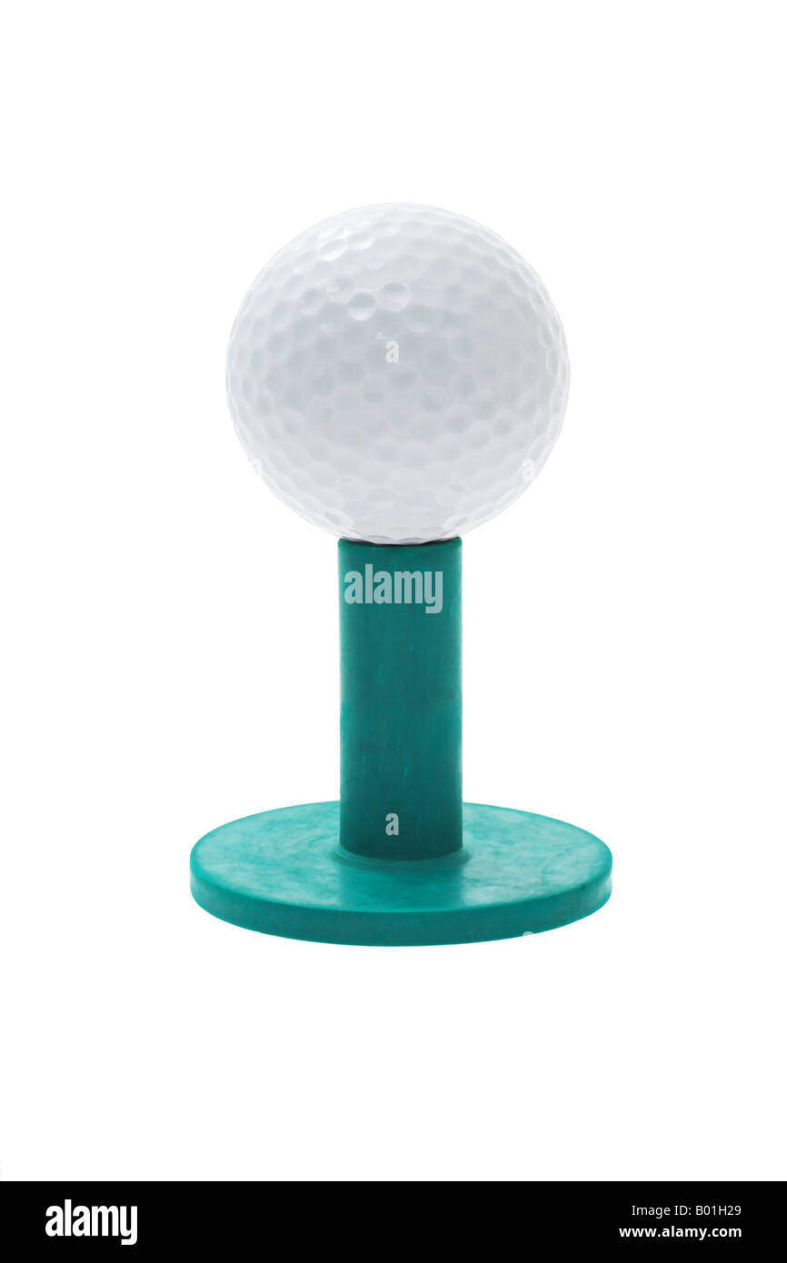 Golf ball on green rubber tee isolated on white background Stock Photo