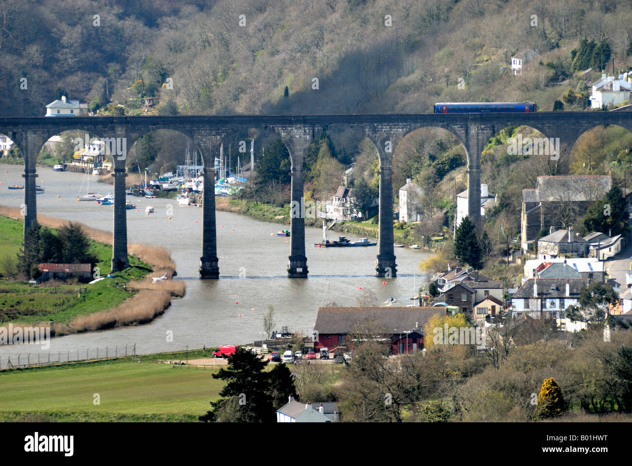 Calstock railway viaduct between Devon and Cornwall Stock Photo