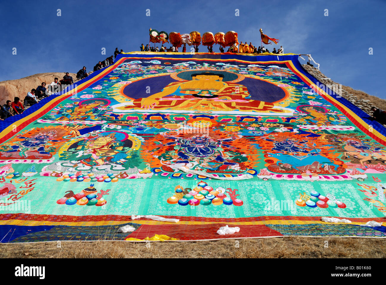 every year traditional Tibetan Buddhas Thangka festival in Gansu Labulengsi celebrate. Stock Photo
