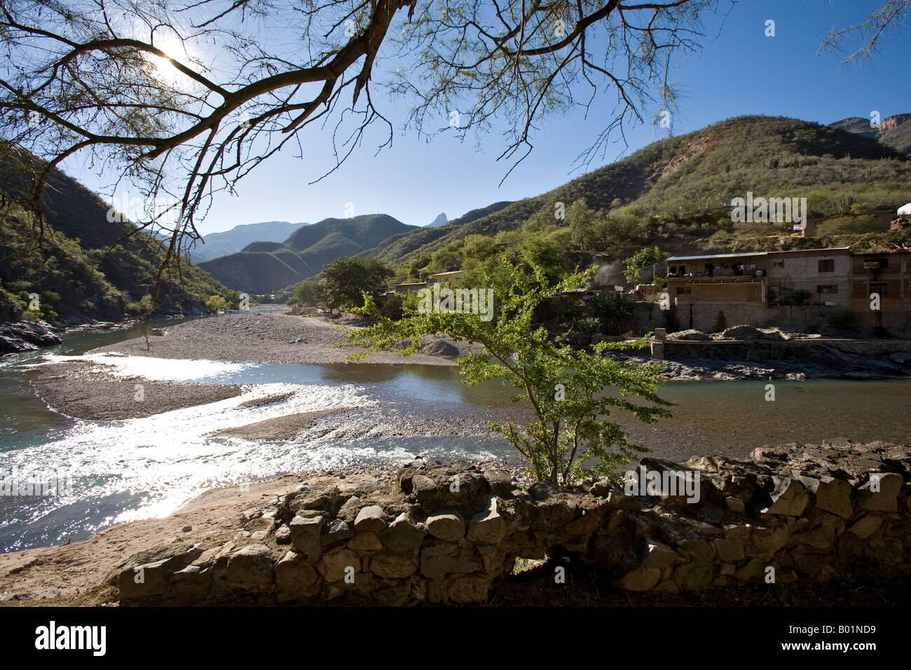 View from the ruins of San Miguel Hacienda in the town of Batopilas in the Copper Canyon area of Mexico Stock Photo