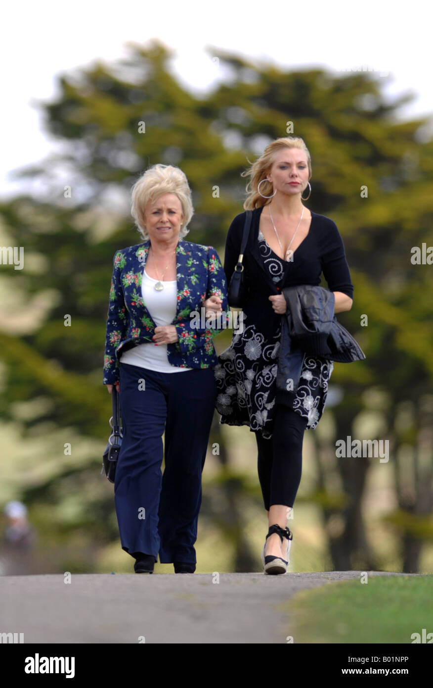'Eastenders' TV programme filming on location in Weymouth, Dorset, Britain, Peggy and Ronnie Mitchell, played by Barbara Windsor and Samantha Janus Stock Photo