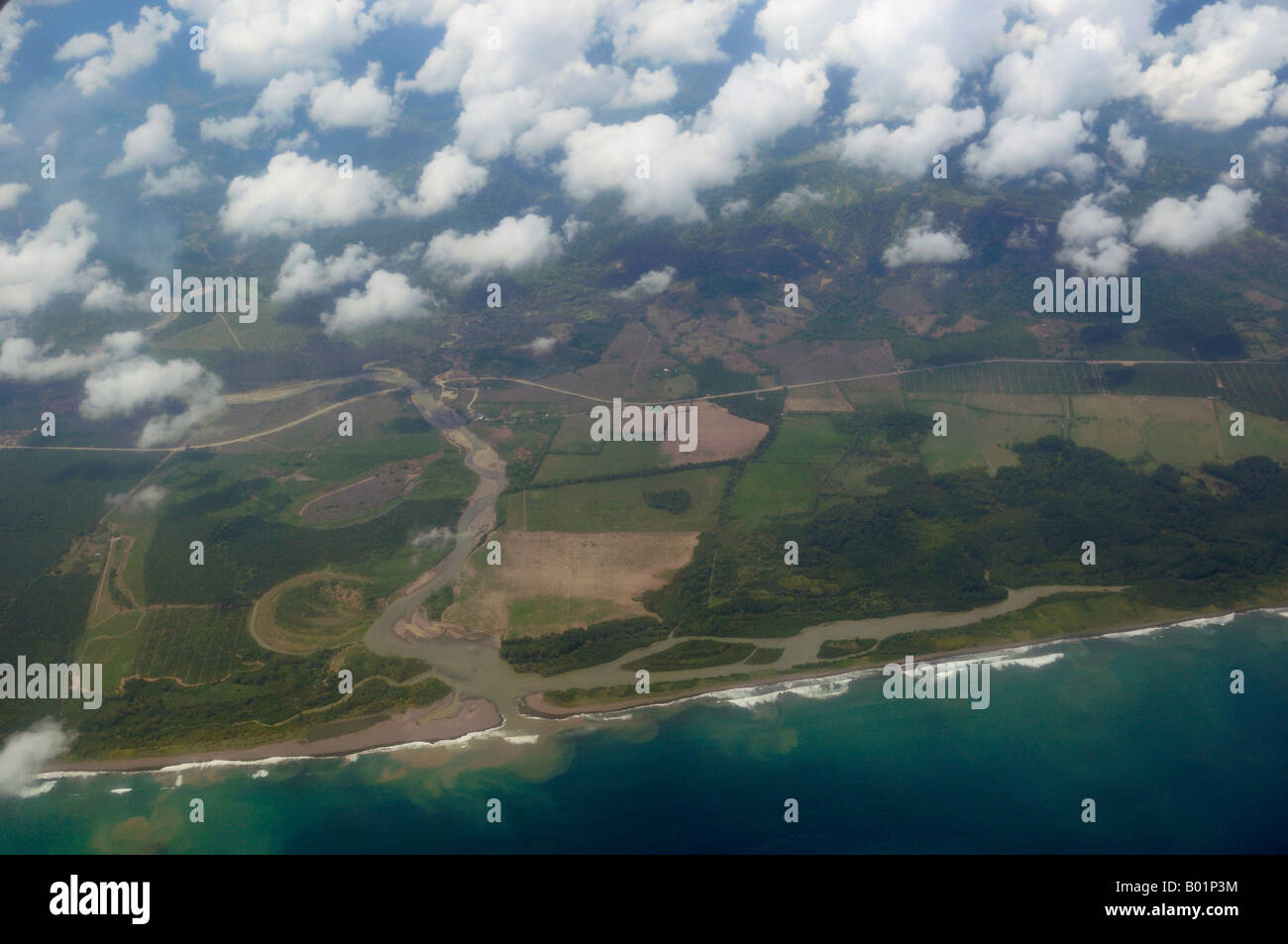 Aerial view of mouth of the Rio Savegre river emptying into the Pacific Ocean Costa Rica Stock Photo