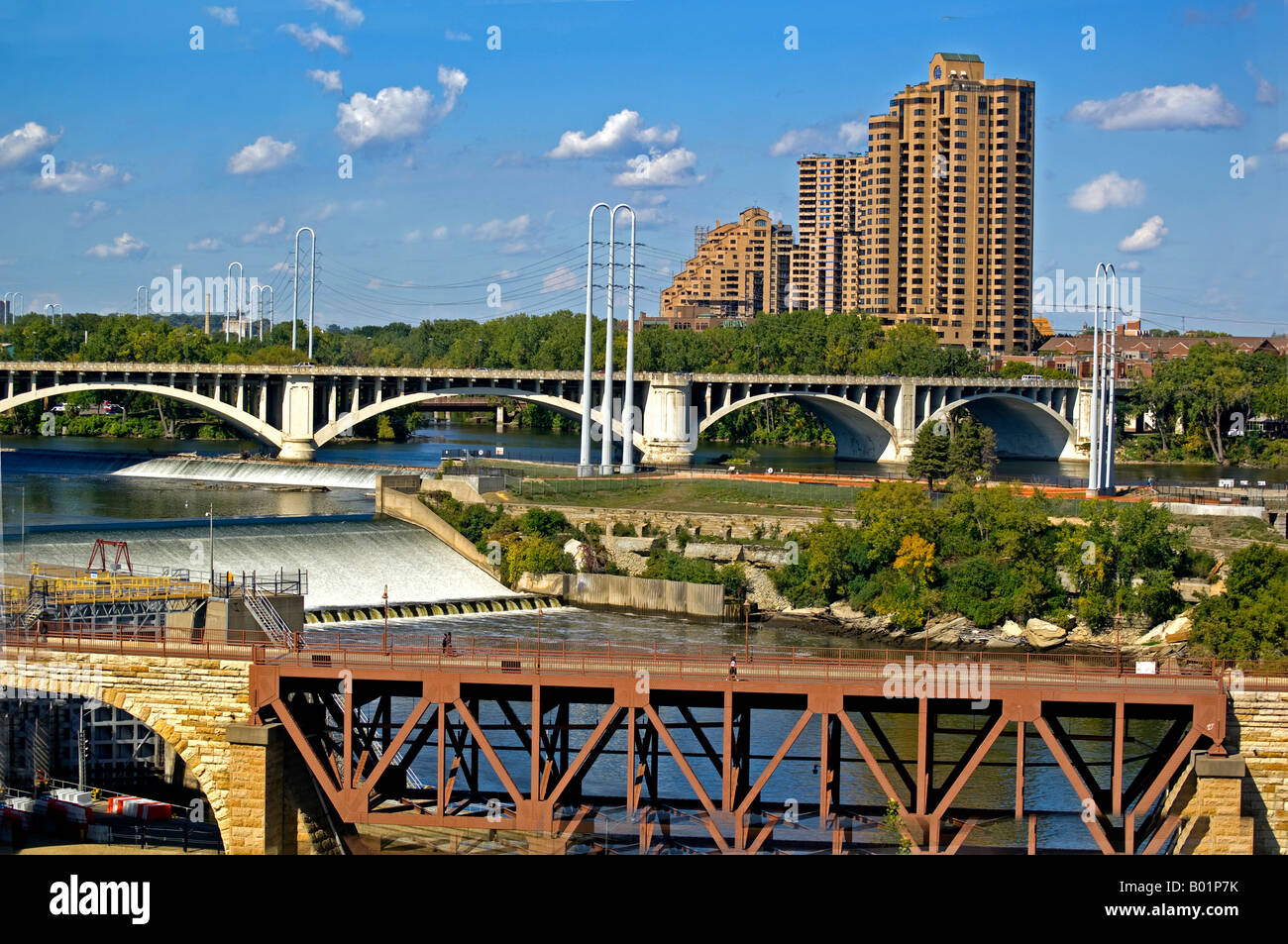 View of St. Anthony Falls  from the interior of the Guthrie Theater in Minneapolis MN Stock Photo