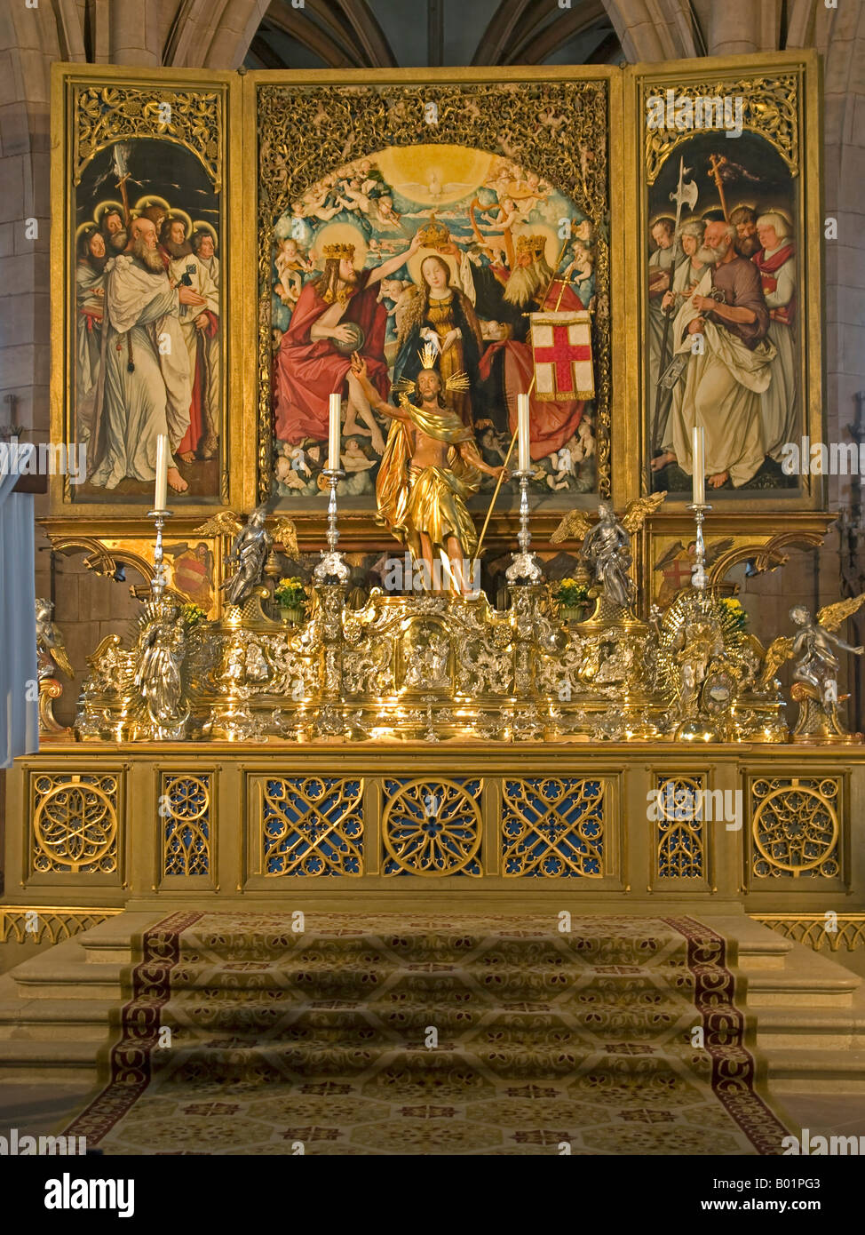 high altar with coronation of Mary Hans Baldun Grien in the cathedral Münster in Freiburg im Breisgau Stock Photo