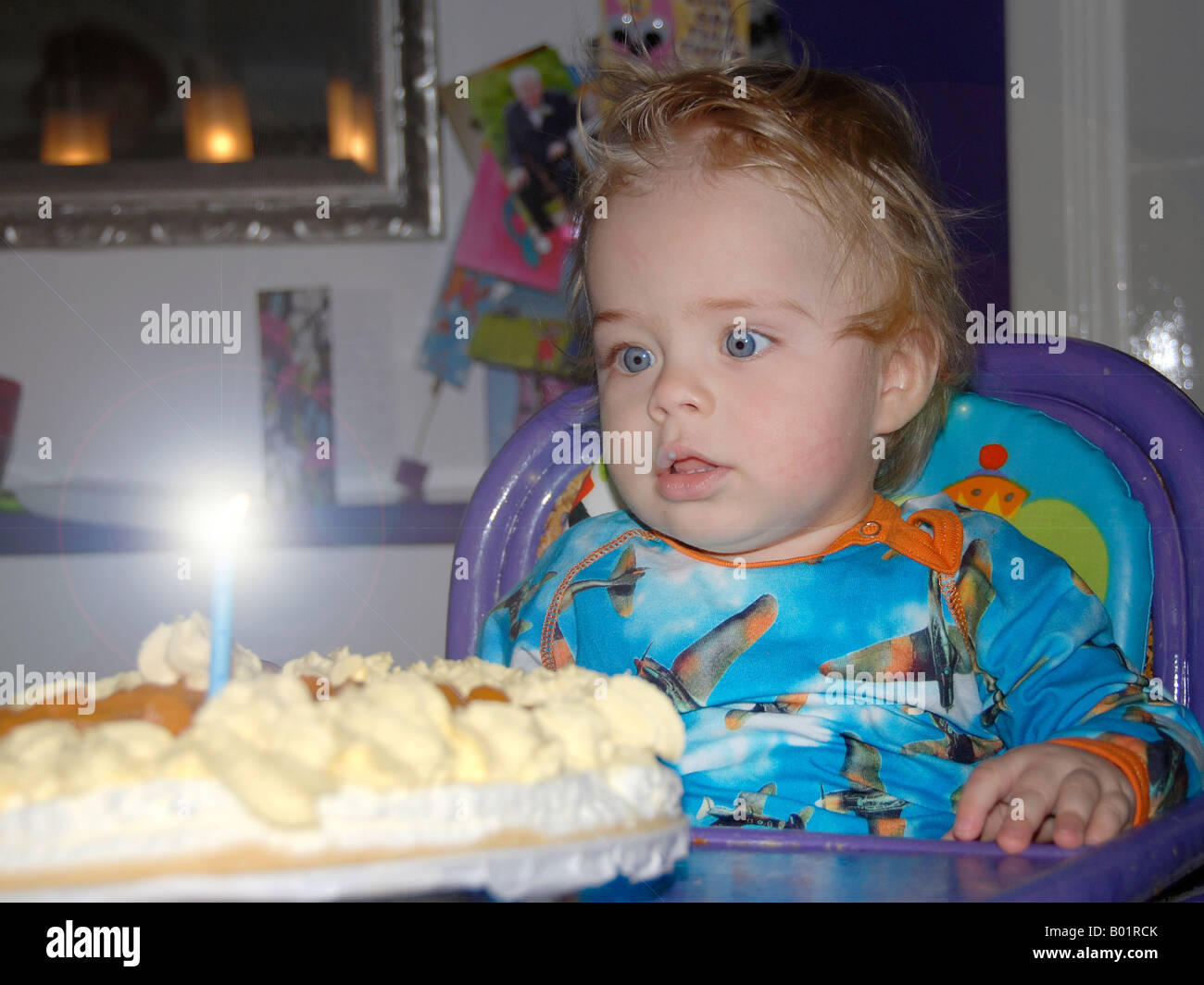 let's party, it is my first birthday, including cake and candle Stock Photo