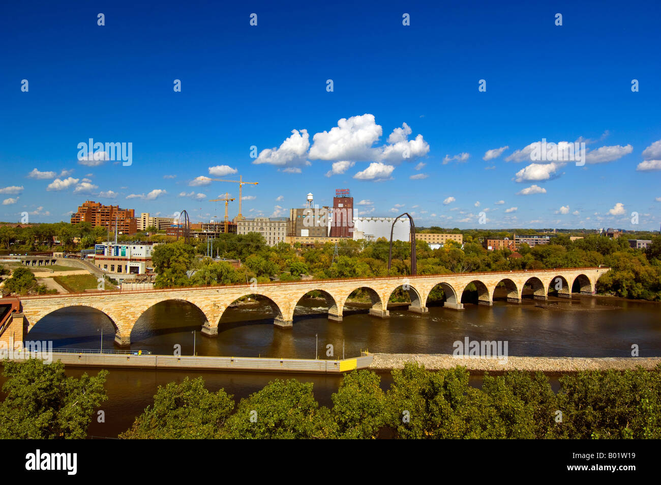 View of the Stone Arch Bridge across the Mississippi River from the Guthrie Theater Minneapolis