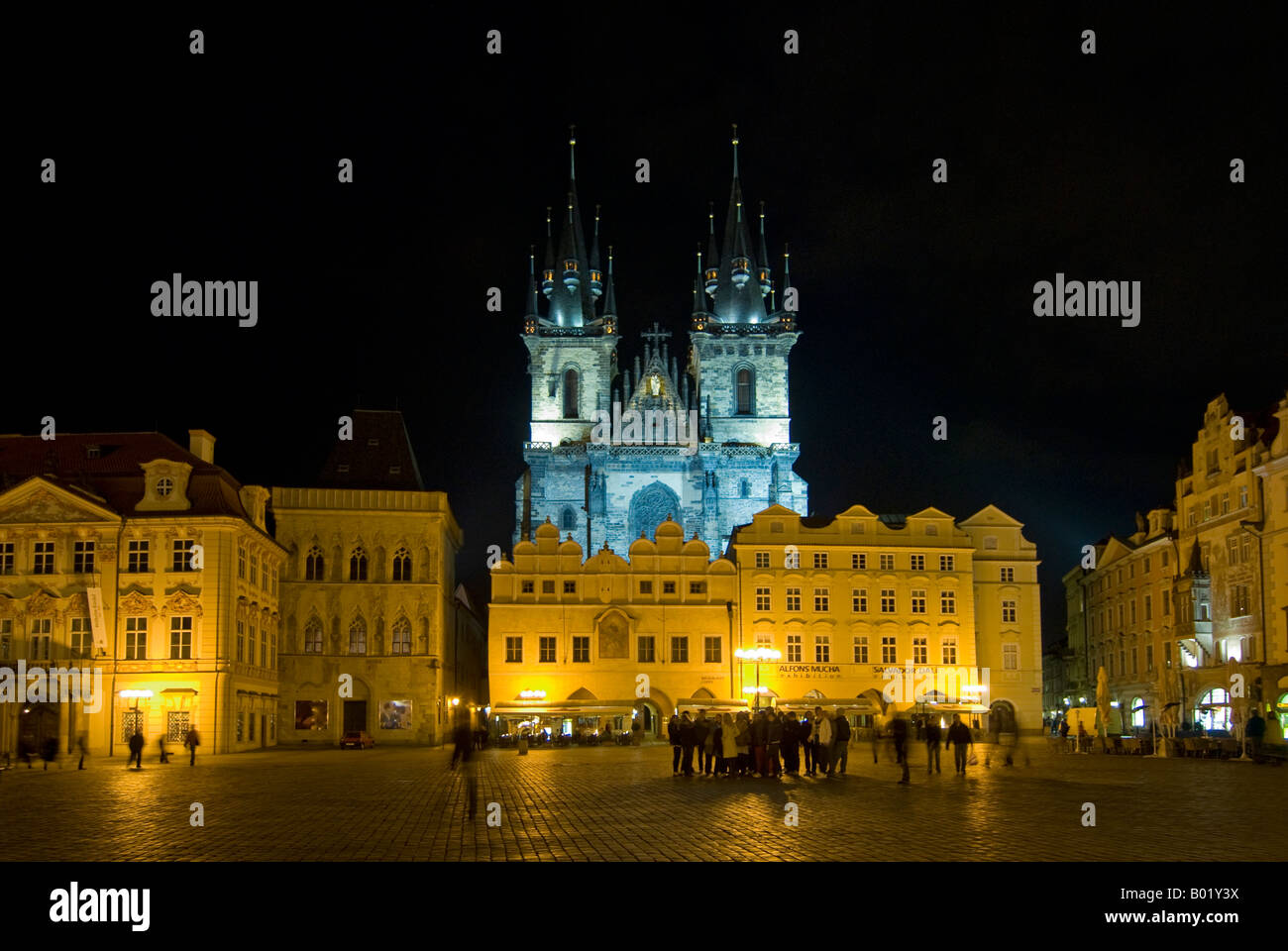 Horizontal wide angle of the Church of Our Lady before Tyn, Tyn Church, in the Old Town Square illuminated at night. Stock Photo