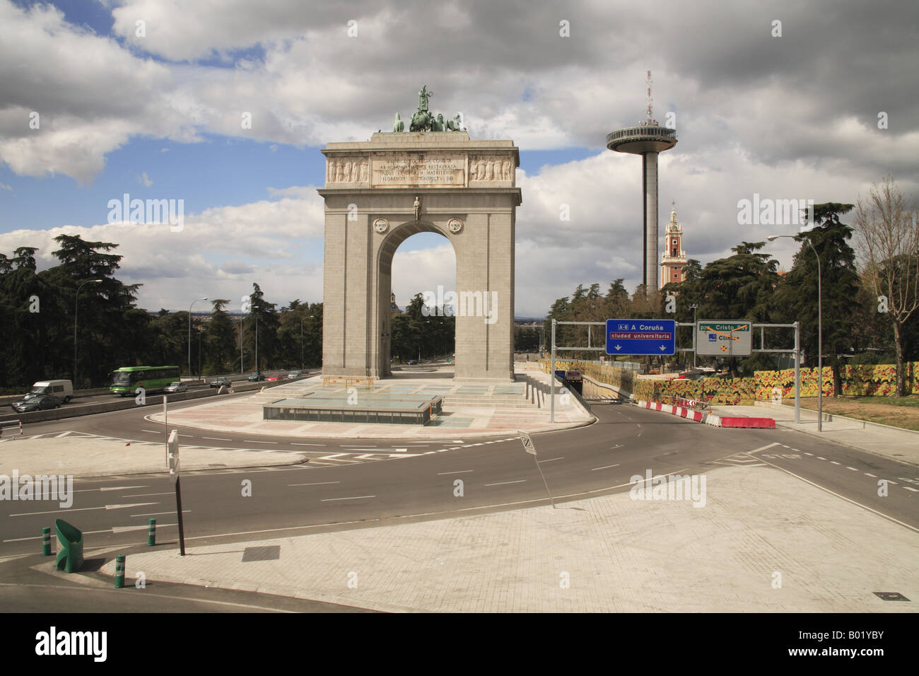 Moncloa observatory with Victory's arch and tower, Madrid, Spain Stock Photo