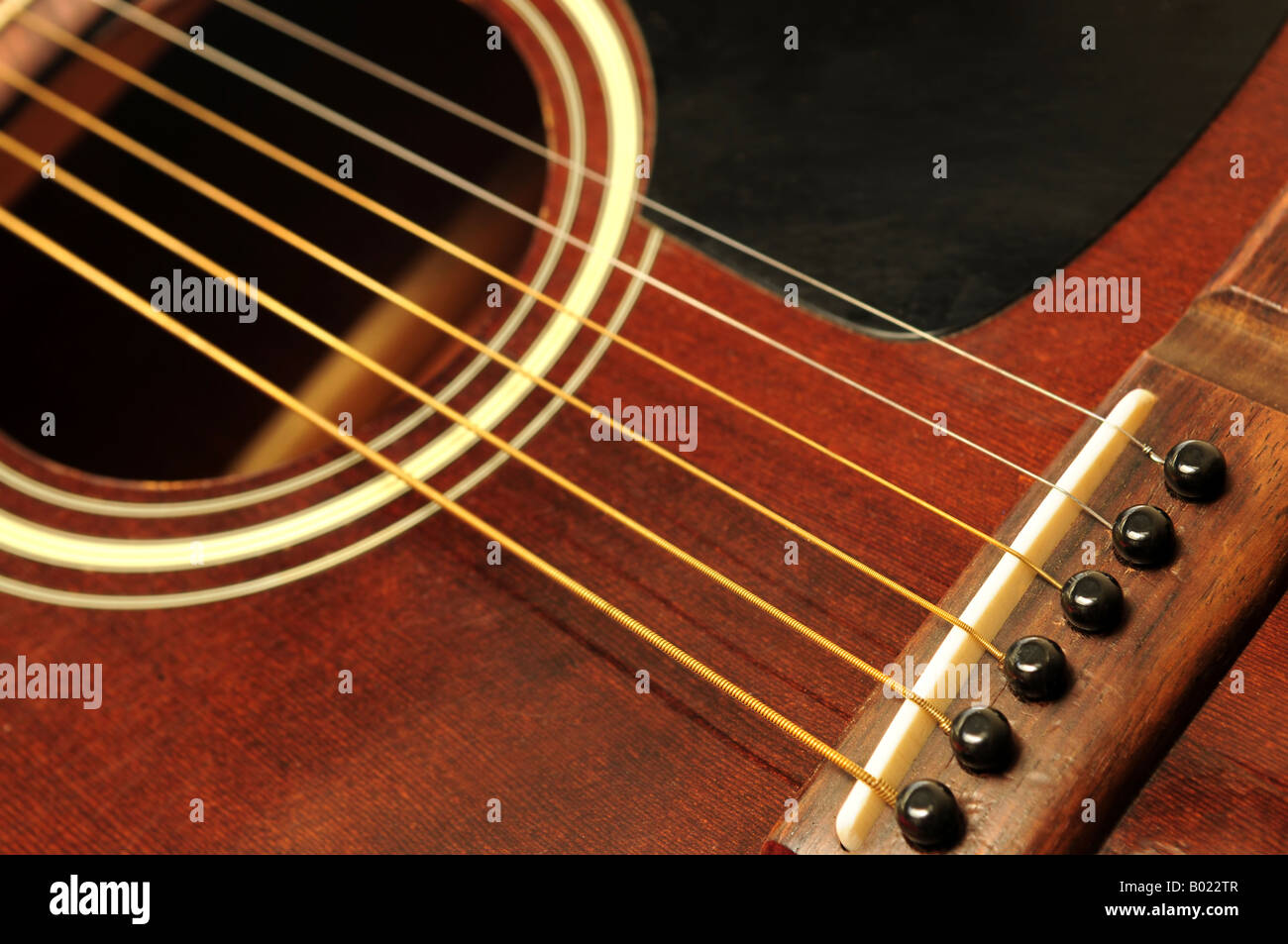 Acoustic guitar bridge and strings close up Stock Photo Alamy