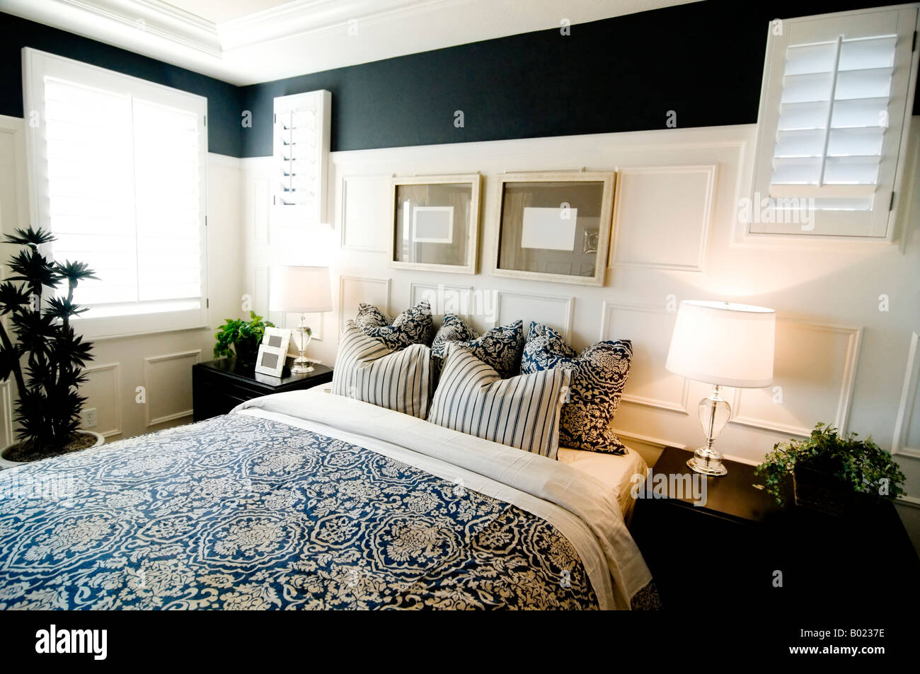 Beautiful bedroom interior design with blue and white them Stock Photo ...