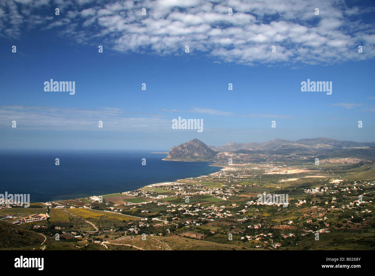 Panoramic View Golfo di Bonagia from Castle Erice, Sicily, Italy Stock