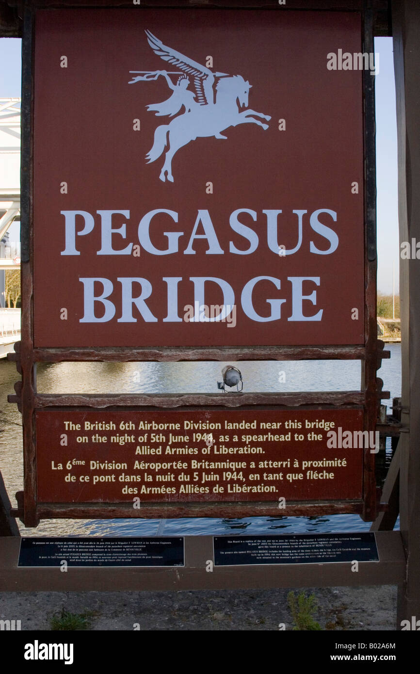 Normandy, Sign, Pegasus Bridge over Caen Canal, World War II Stock Photo