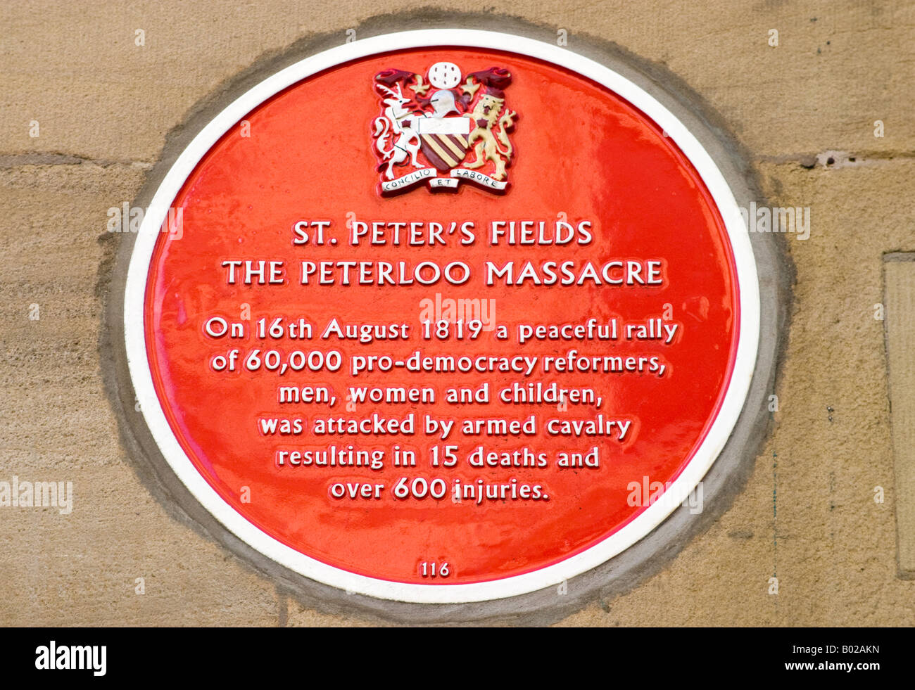 Red Plaque Commemorating The Peterloo Massacre, Manchester Stock Photo