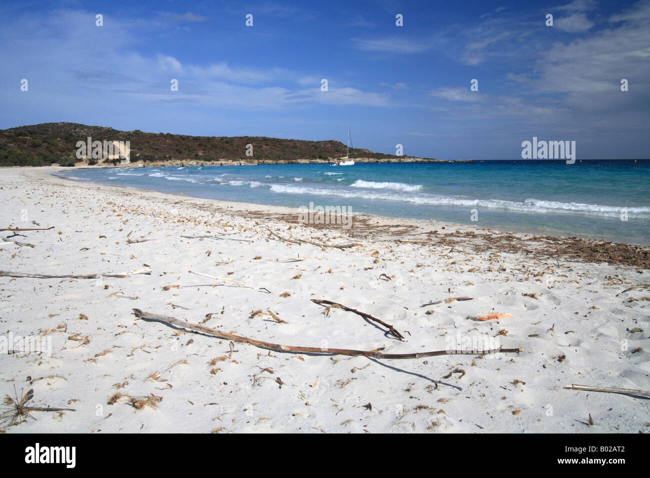 Lodo Beach, white sand, blue sky and turquoise blue sea. Corsica France Stock Photo