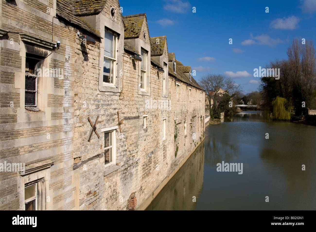 Old houses and footbridge on River Welland Stamford Lincolnshire
