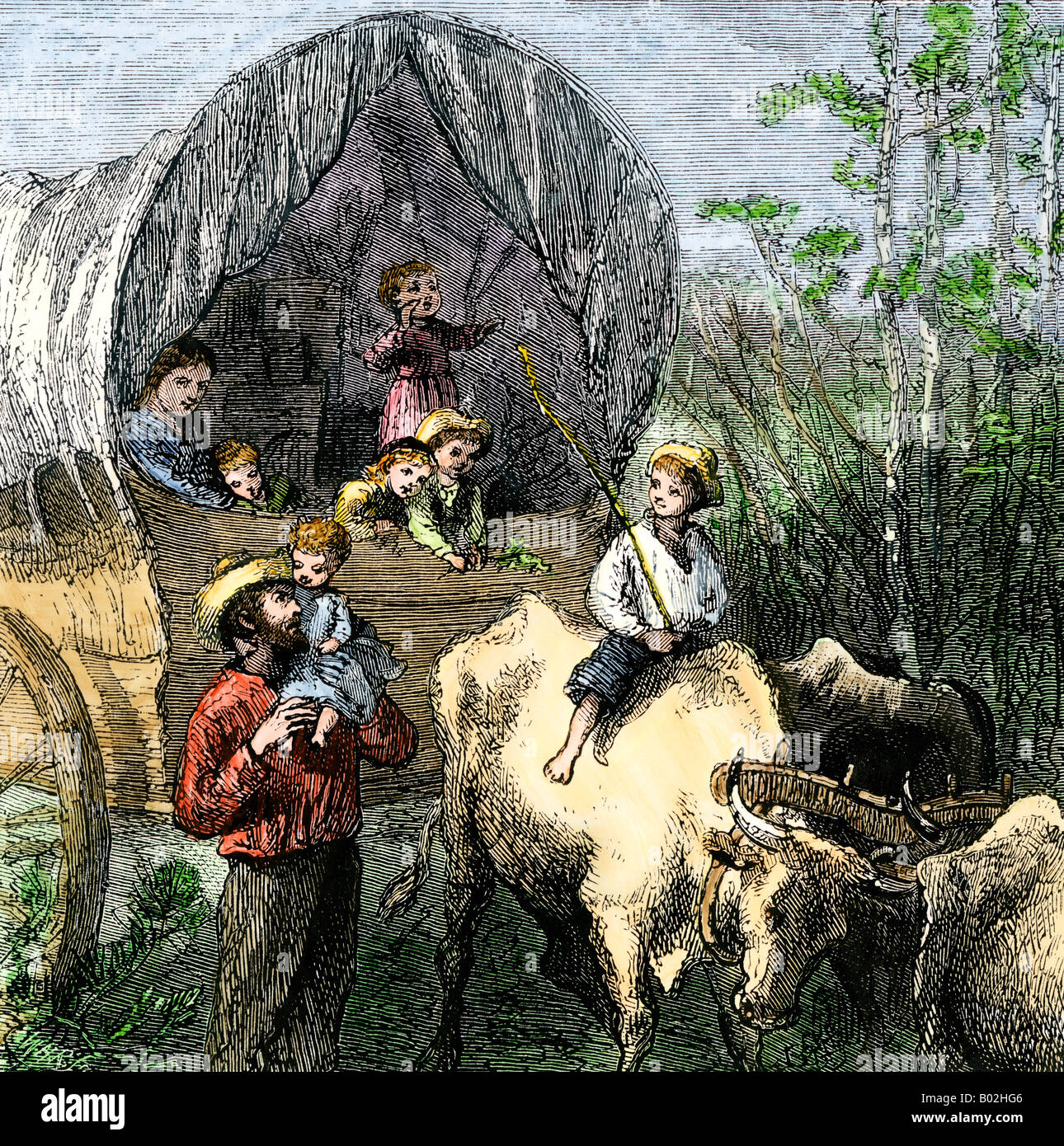 Family with many children traveling in a covered wagon. Hand-colored woodcut Stock Photo