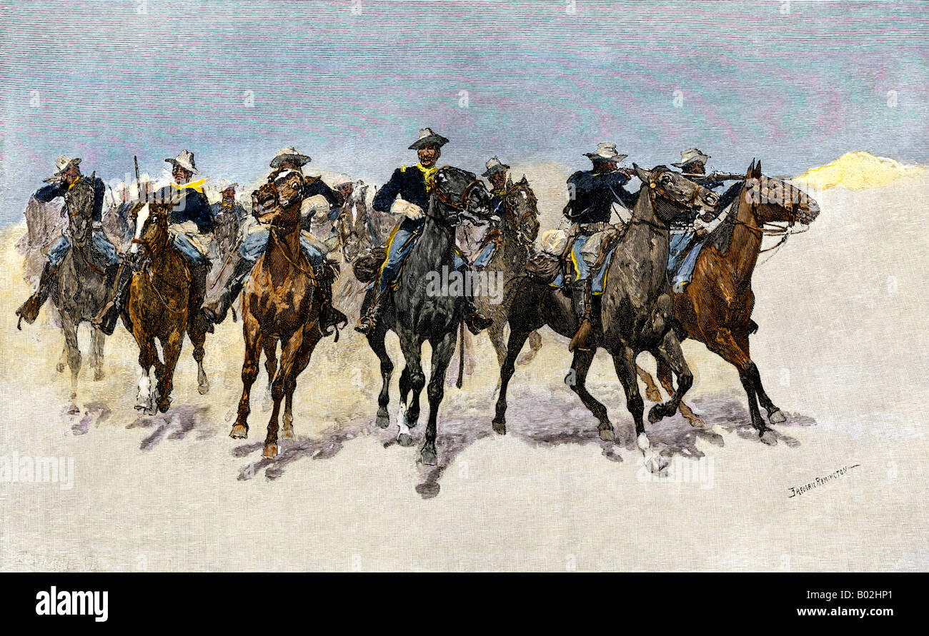 Captain Dodge leads black regiment to the rescue in the west. Hand-colored woodcut of a Frederic Remington illustration Stock Photo