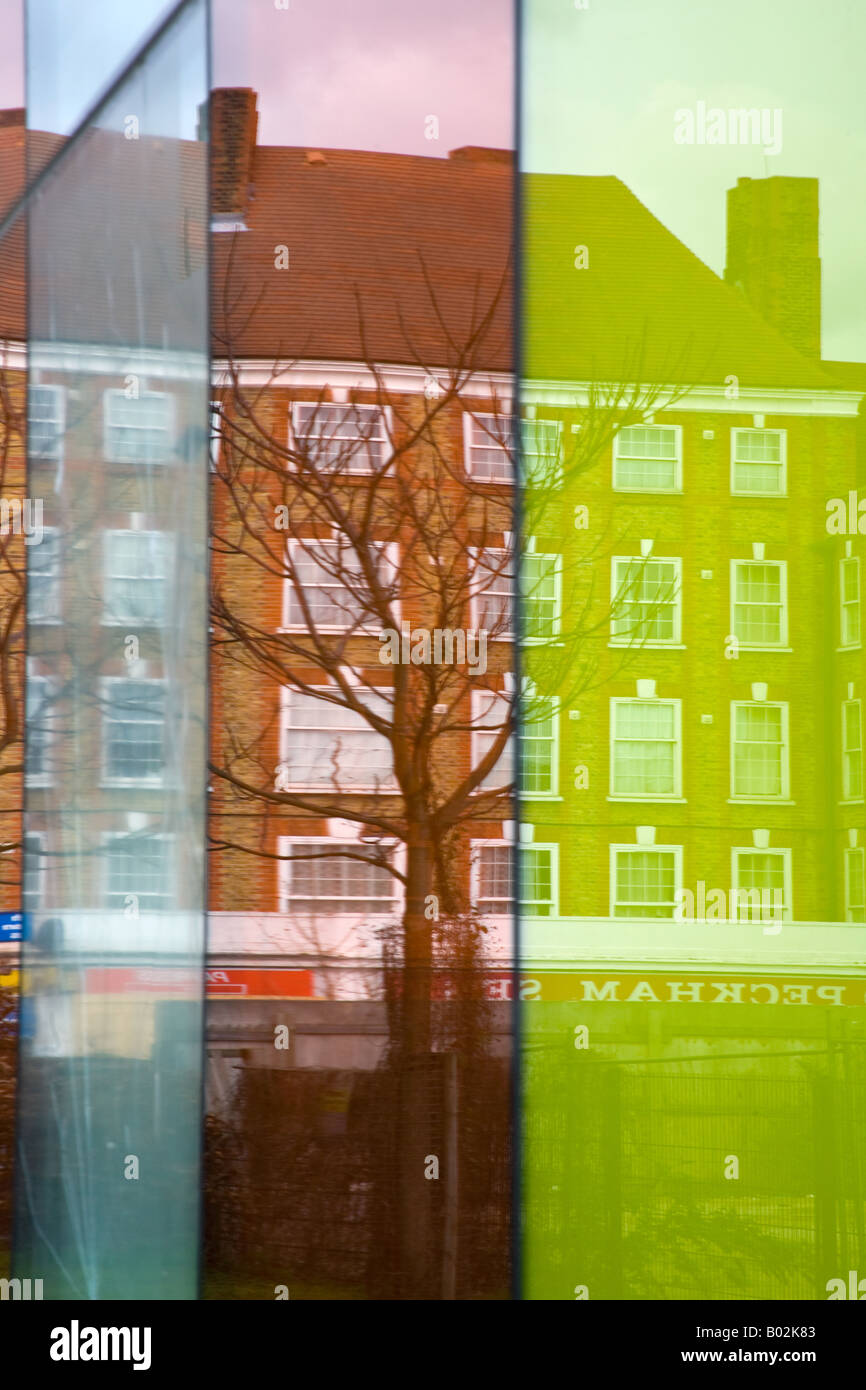 reflections of houses on Peckham High Street in Coloured Windows of